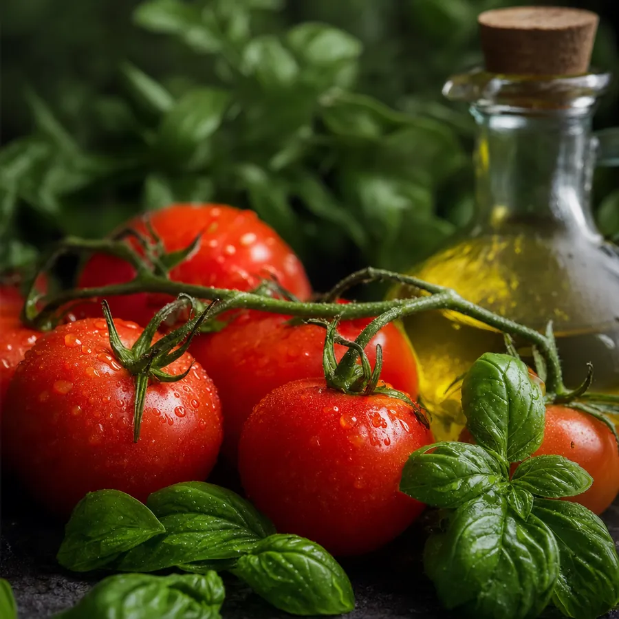 Tomates frescos, albahaca y aceite de oliva